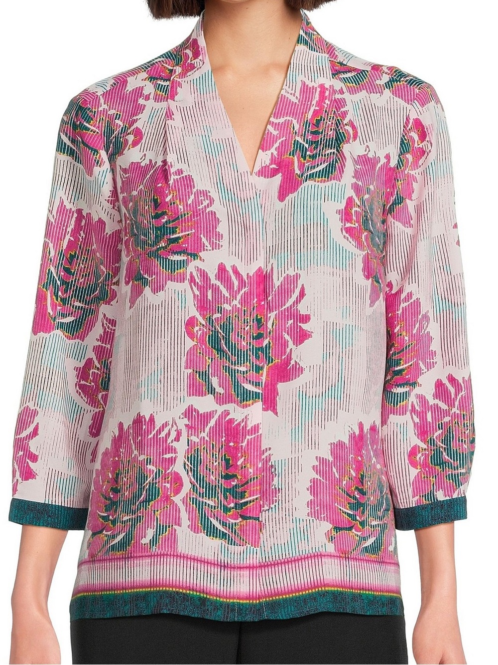 Investments Petites "Caroline" Signature Linear Floral Blouse Size PL